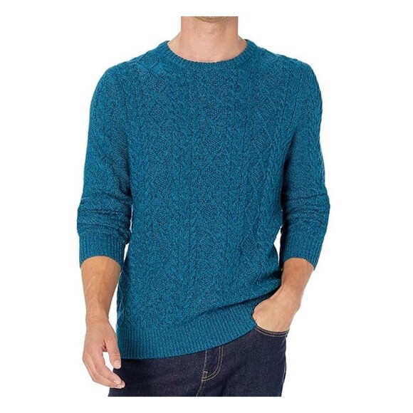 Goodthreads Men’s Size L Tall Blue Teal Long Sleeve Cable Knit Crewneck Sweater - Picture 1 of 9